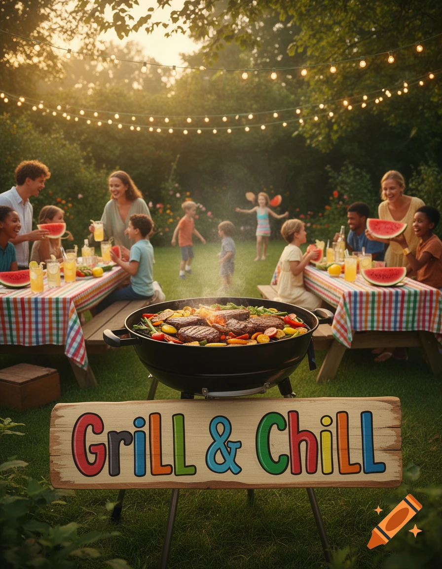 A lively outdoor family barbecue scene at sunset with a 'Grill & Chill' sign, picnic tables, food, and people enjoying.