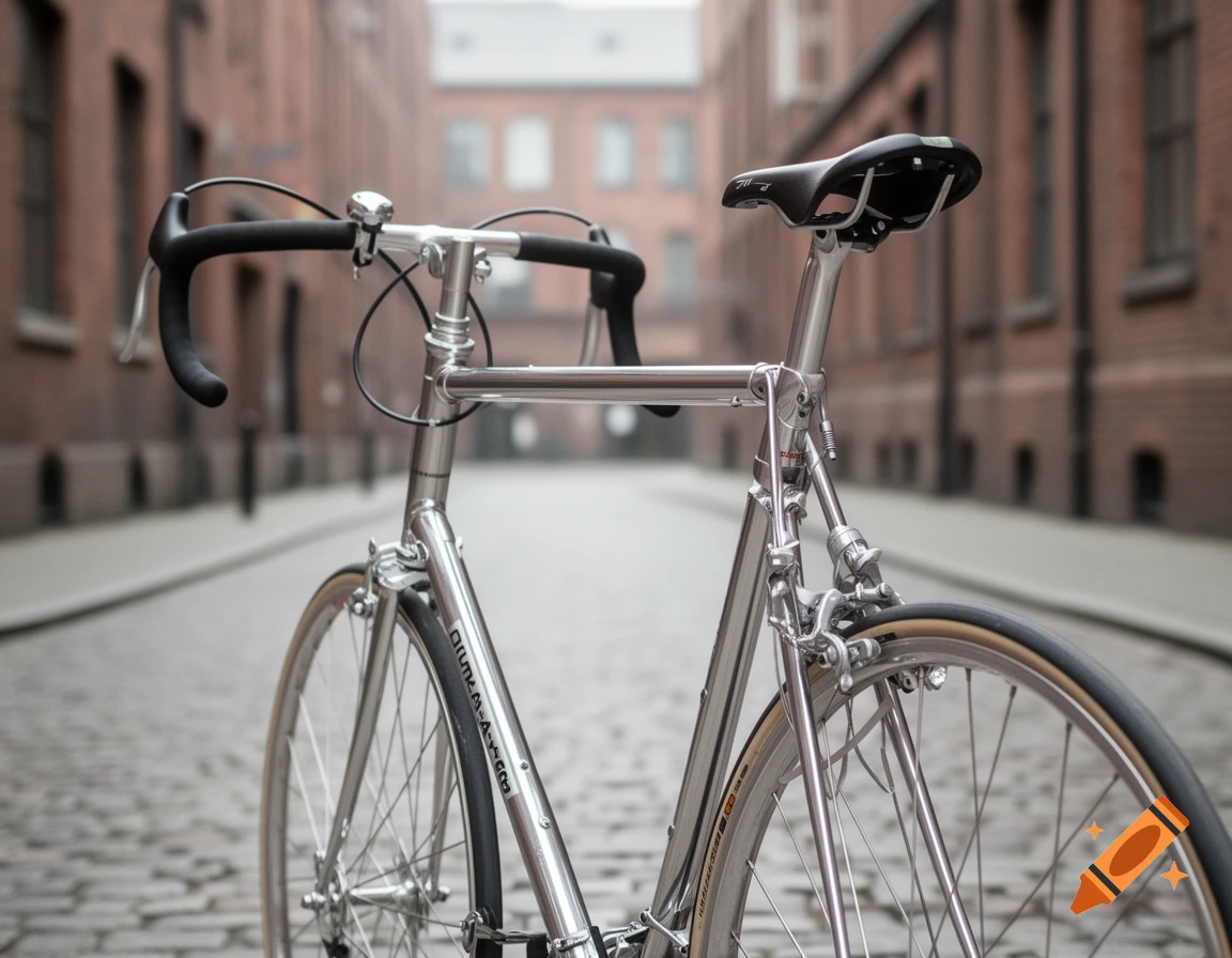 A silver vintage road bike with drop handlebars is parked on a cobblestone street with blurry brick buildings.