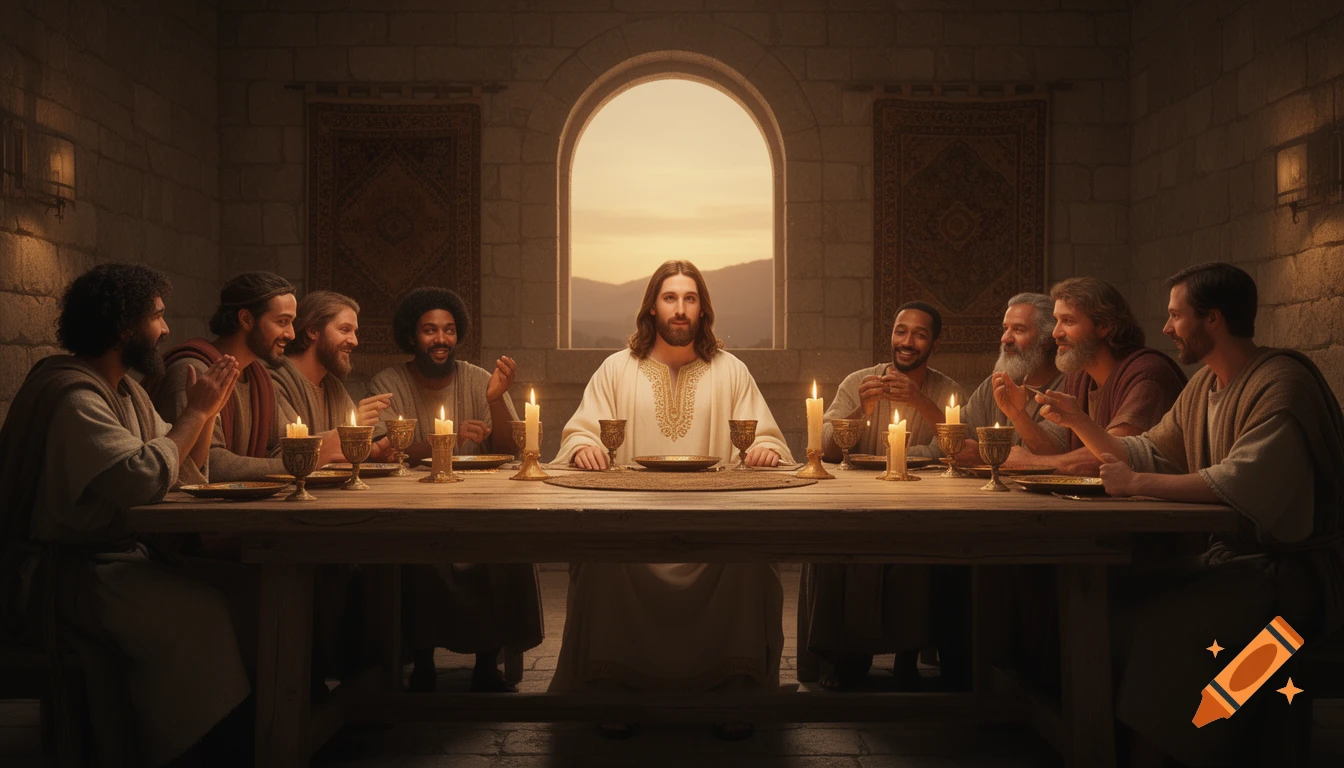 Jesus and his disciples gather at a long wooden table, illuminated by candles, in a depiction of The Last Supper, with an arched window.