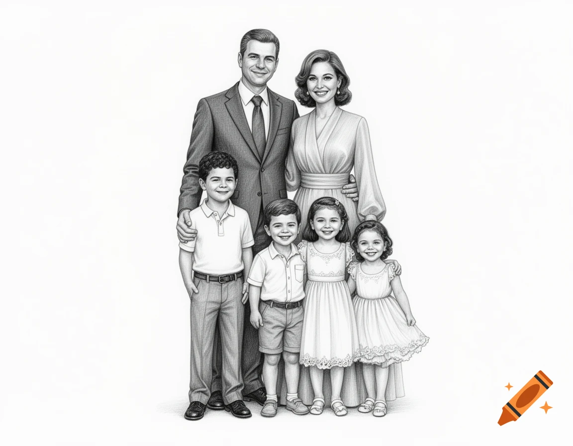 A black and white drawing of a well-dressed family with a mother, father, two boys, and two girls, standing and smiling.