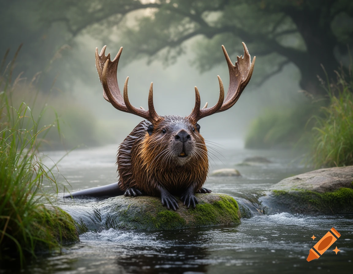 A photorealistic image of a beaver with large buck antlers sitting on a mossy rock in a misty river.