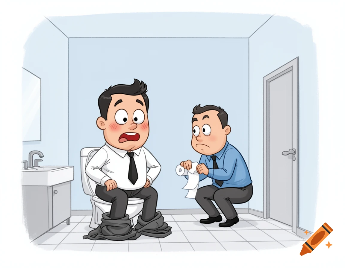 Cartoon businessmen in a bathroom; one sits on the toilet with pants down, looking surprised, while another holds toilet paper.