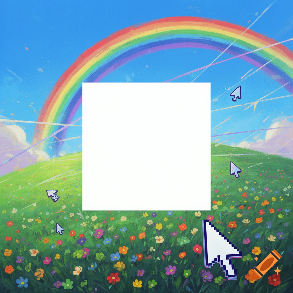 A Y2K webcore landscape with a rainbow over a green hill of colorful flowers, featuring pixelated computer cursors and a central white square.