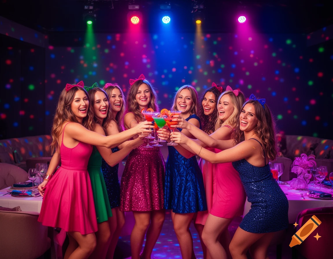 Cheerful young women in dresses toast with colorful cocktails at a vibrant party with disco lights.