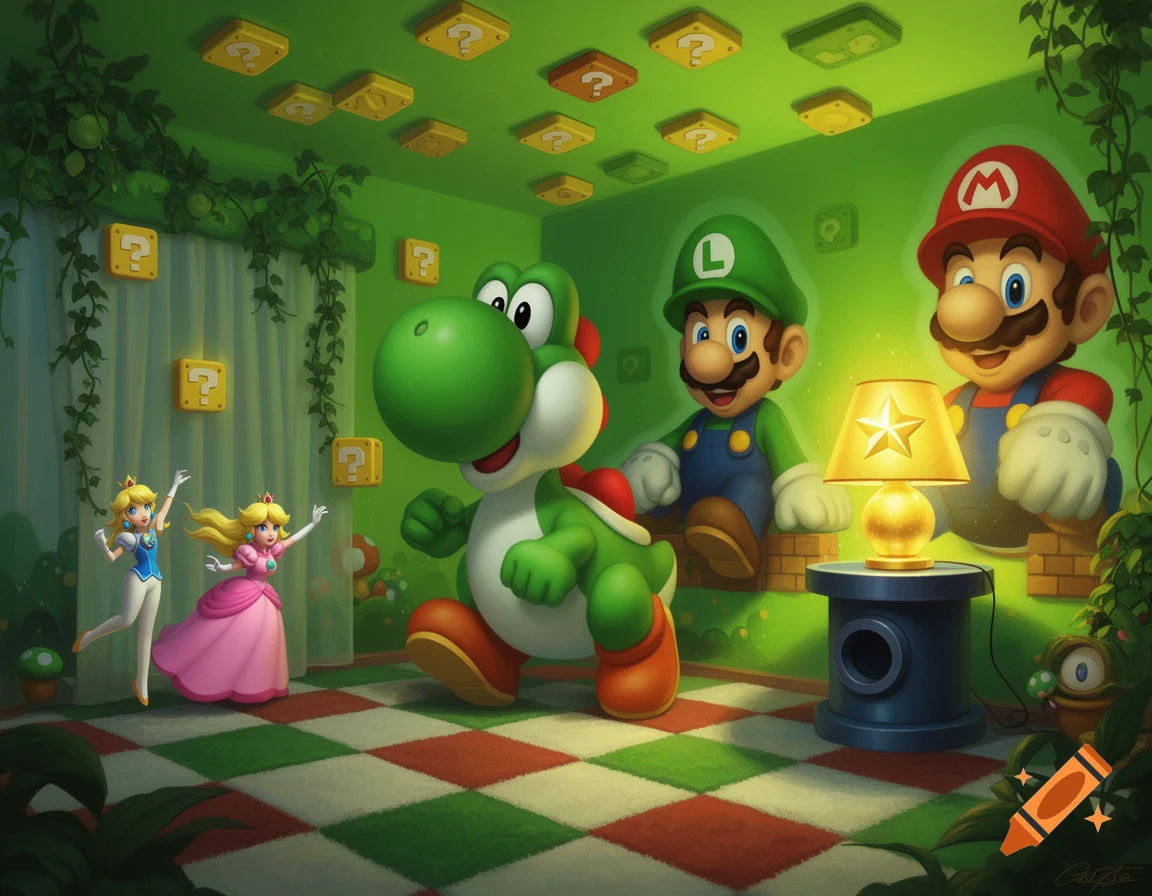 A Super Mario themed room with Yoshi, Mario, Luigi, and two Princess Peaches, featuring question blocks, green vines, and a red and green checkered floor.