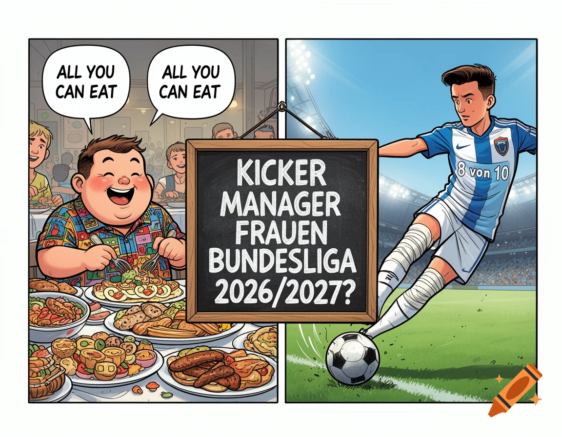 A comic panel features a boy at an all-you-can-eat buffet and a soccer player kicking a ball, with a chalkboard in between.