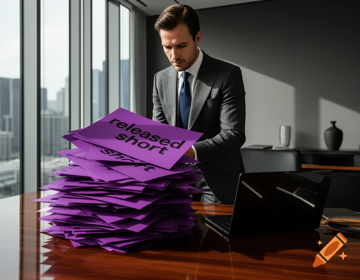 A sharply dressed man looks at a large pile of purple papers labeled 'released short' on a desk in a modern office.