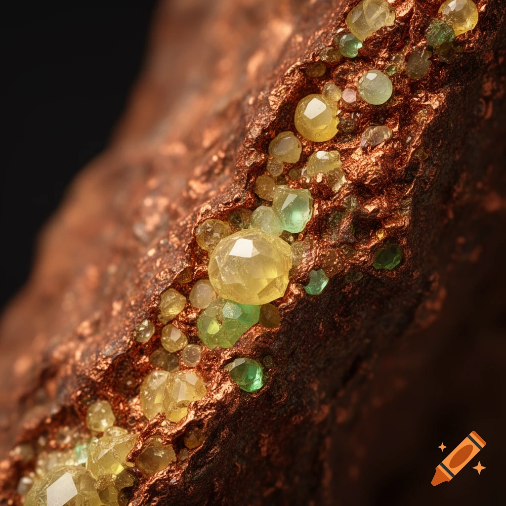 Close-up of a copper ore vein embedded with glistening yellowish-green crystals.