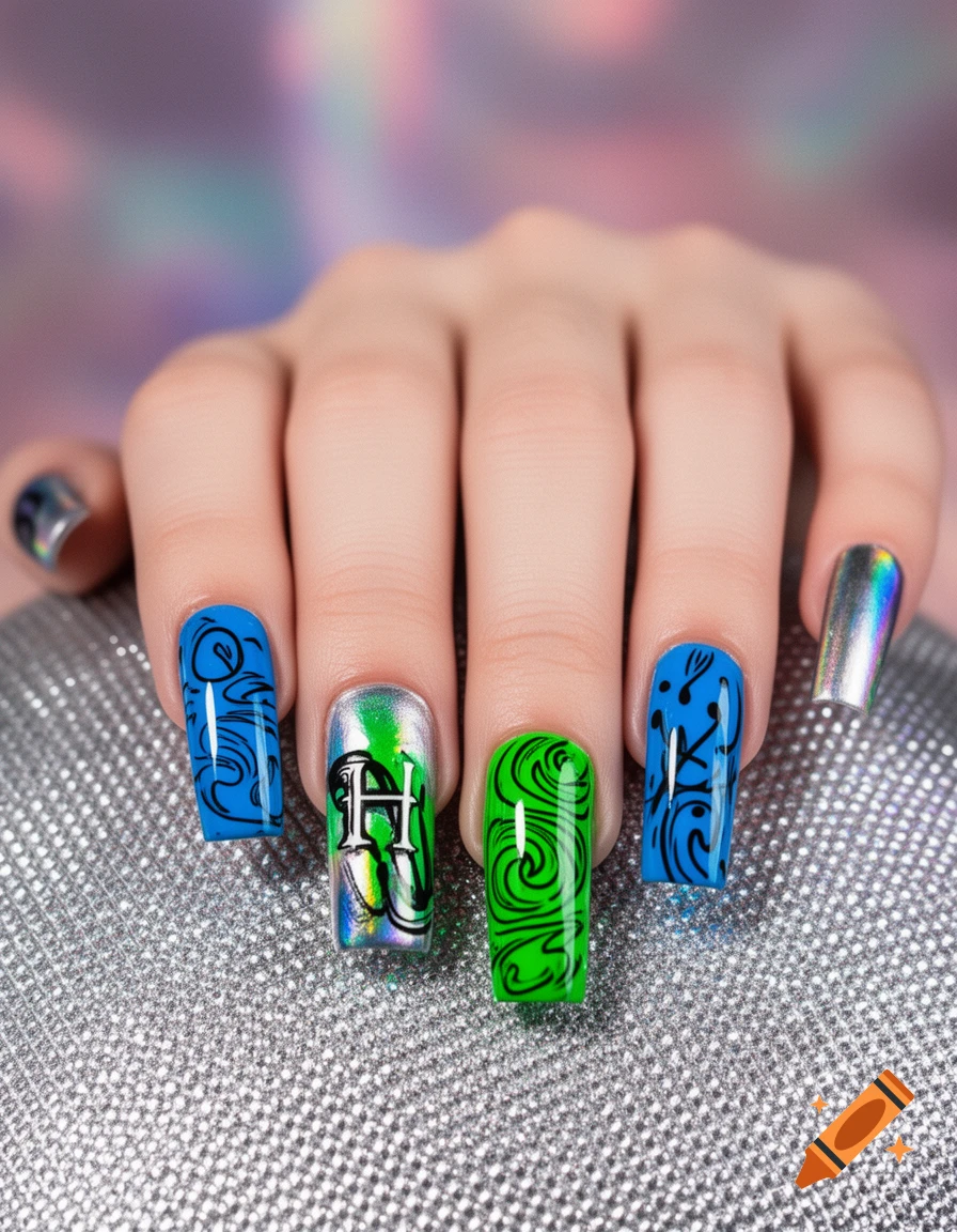 Close-up of a hand with long, square nails in Y2K style, featuring blue and green swirls, an 'H', and iridescent silver accents.