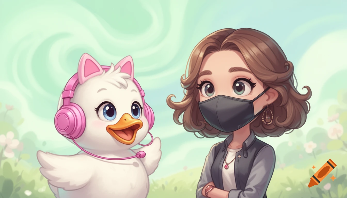 Cute cartoon of a white duck with pink cat-ear headphones and a woman in a black mask, set against a light green background.
