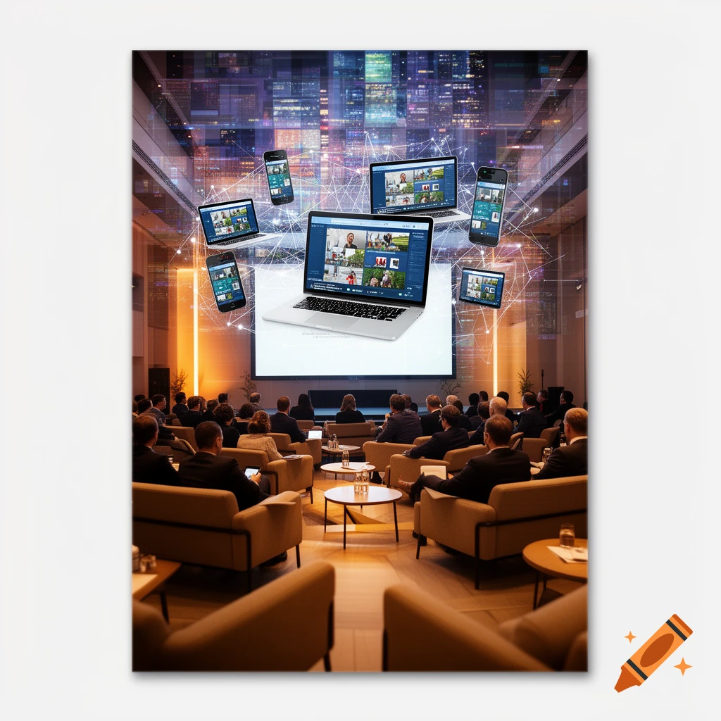 Business conference with attendees facing a screen, while floating digital devices display video calls against a city skyline.
