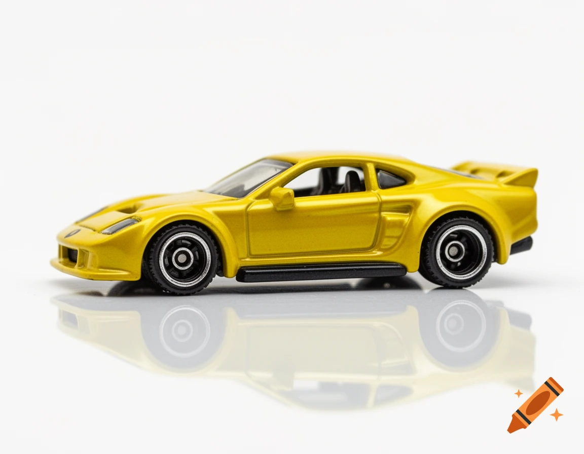 A close-up side view of a metallic yellow toy sports car with a spoiler, on a reflective white surface.