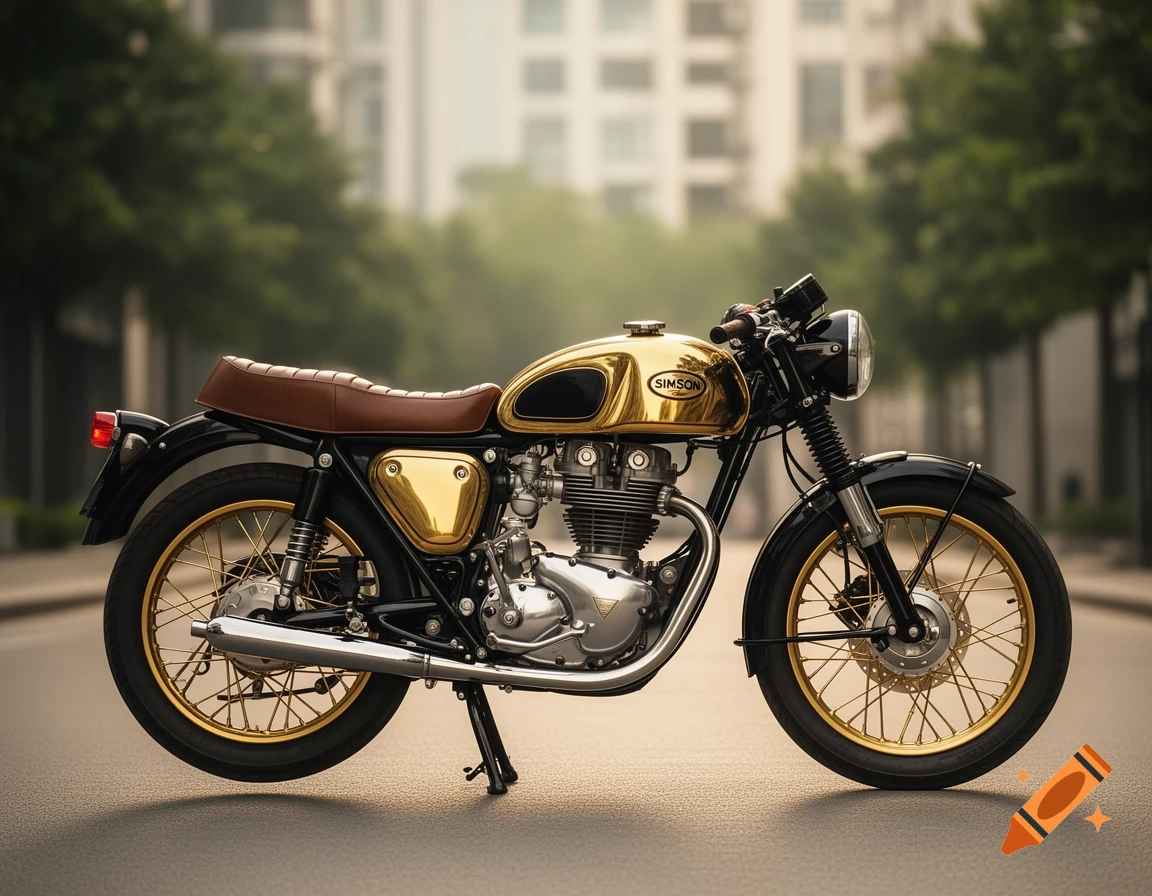 A gold and black vintage motorcycle with a brown leather seat and gold-spoked wheels, parked on a street.
