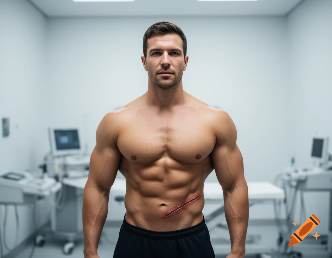 Photorealistic image of a shirtless muscular man with an abdominal scar in a medical examination room.