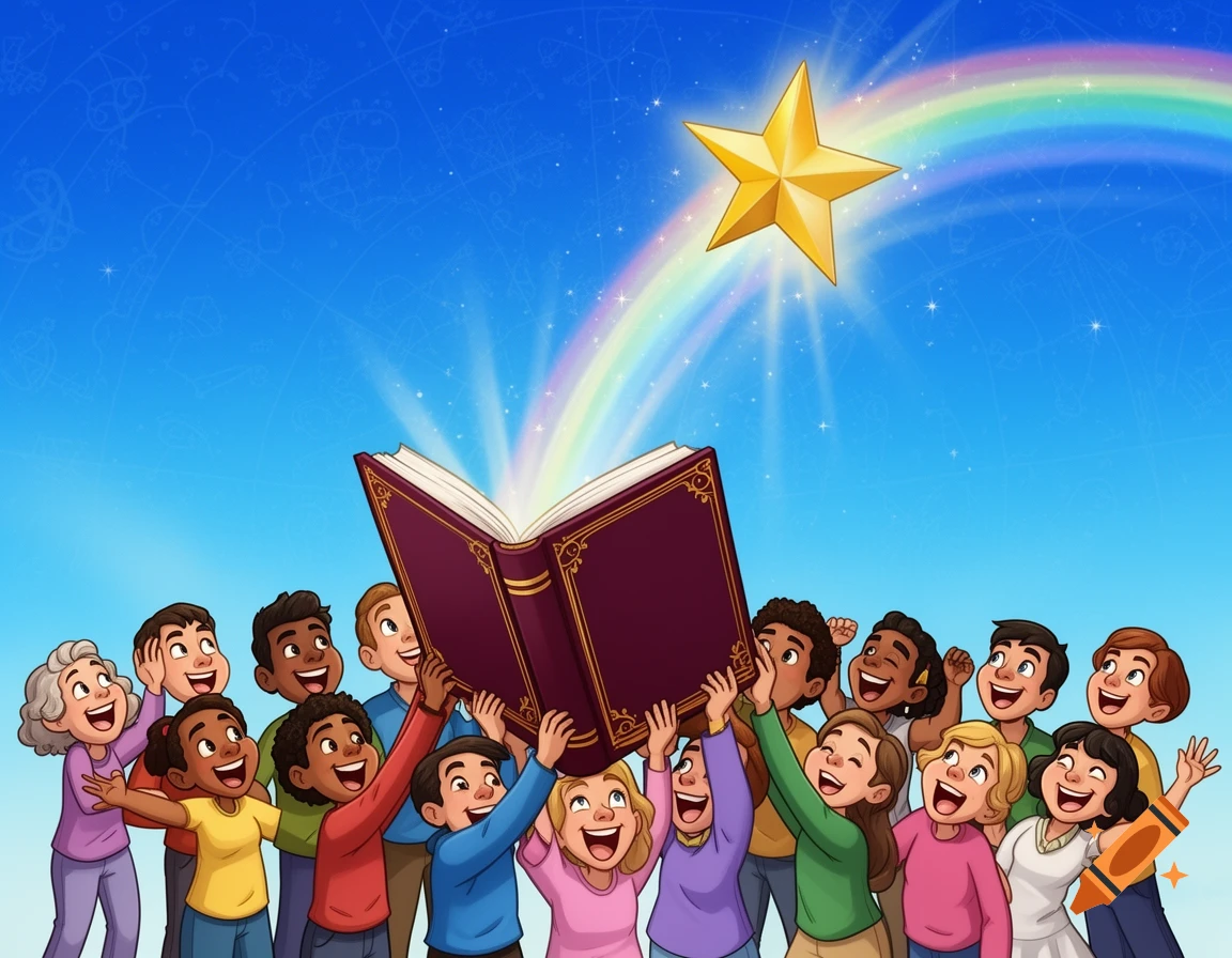 Diverse group of happy children and adults hold up an open book, from which a rainbow and shining star emerge, in clipart style.