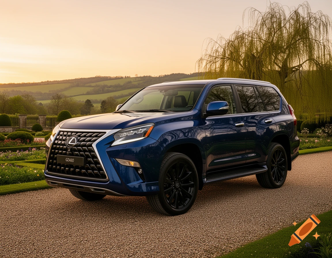Dark blue Lexus GX460 SUV on a gravel drive with a scenic garden and sunset over rolling hills in the background, photorealistic.