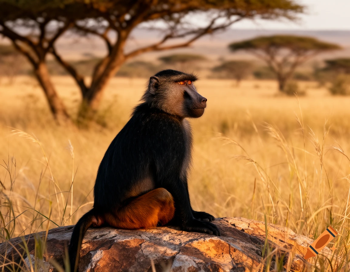 A black baboon with a brown bottom sits on a rock in a golden savanna landscape with trees at sunset.