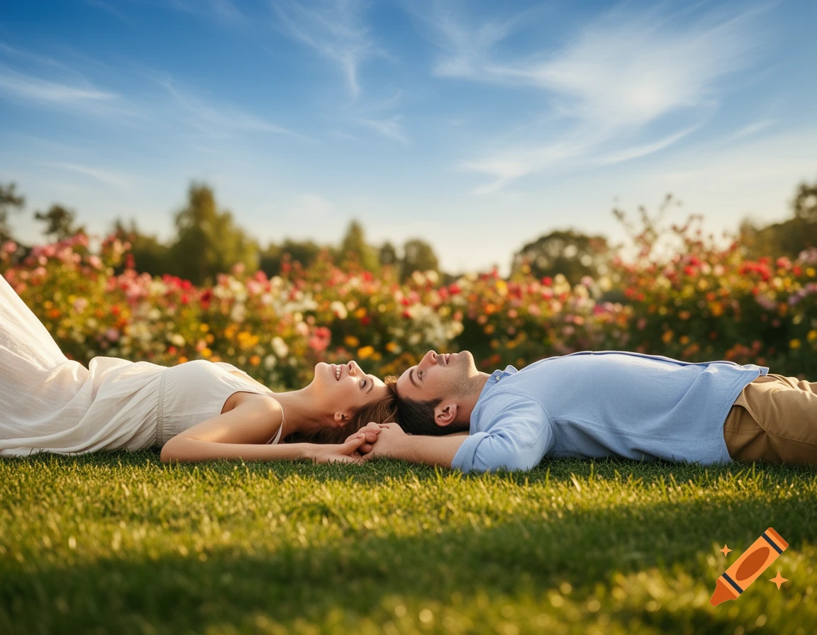 A happy couple lying on lush green grass, holding hands, with a field of colorful flowers and a blue sky in the background.