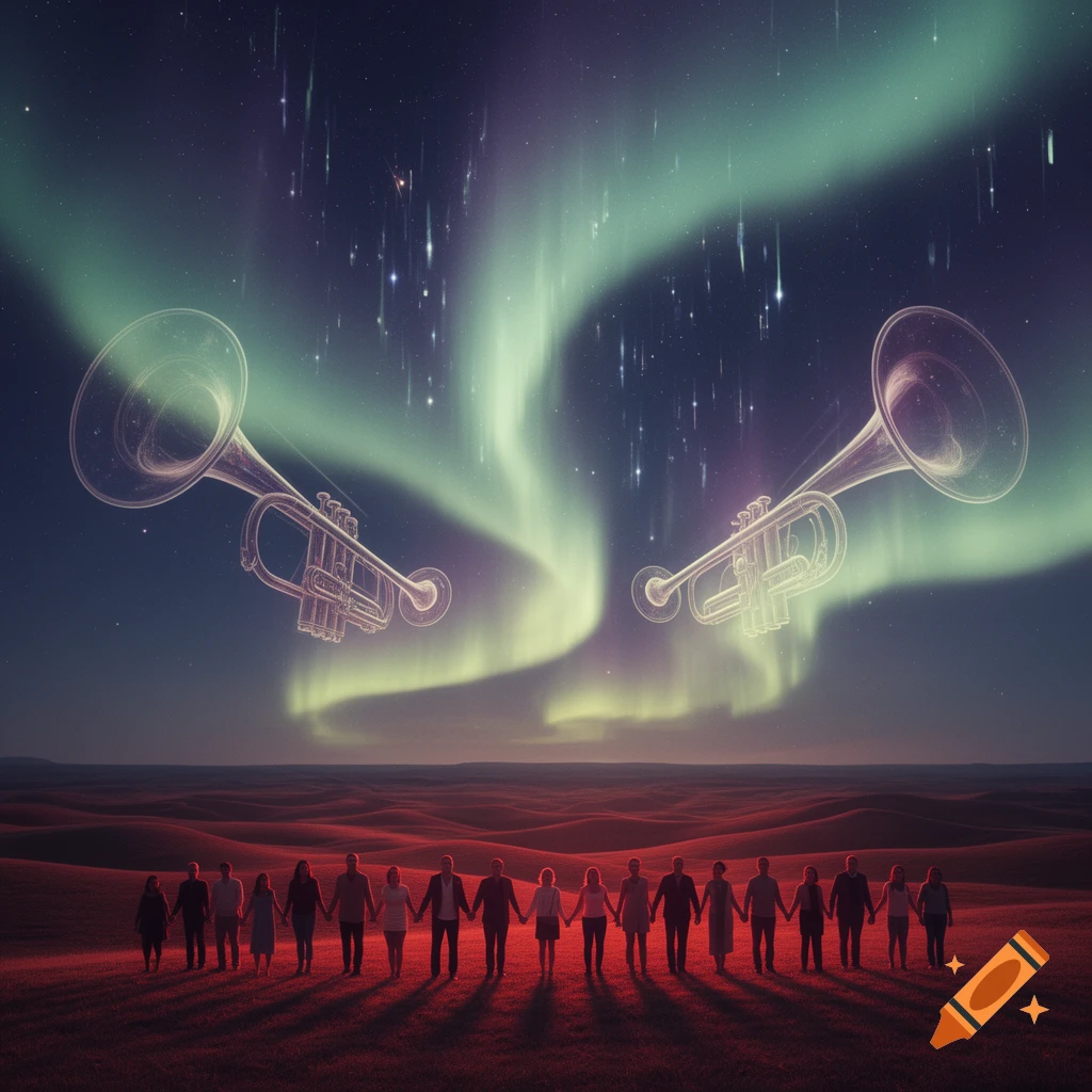 People holding hands in a red field under a green aurora sky with floating ethereal trumpets and falling stars.