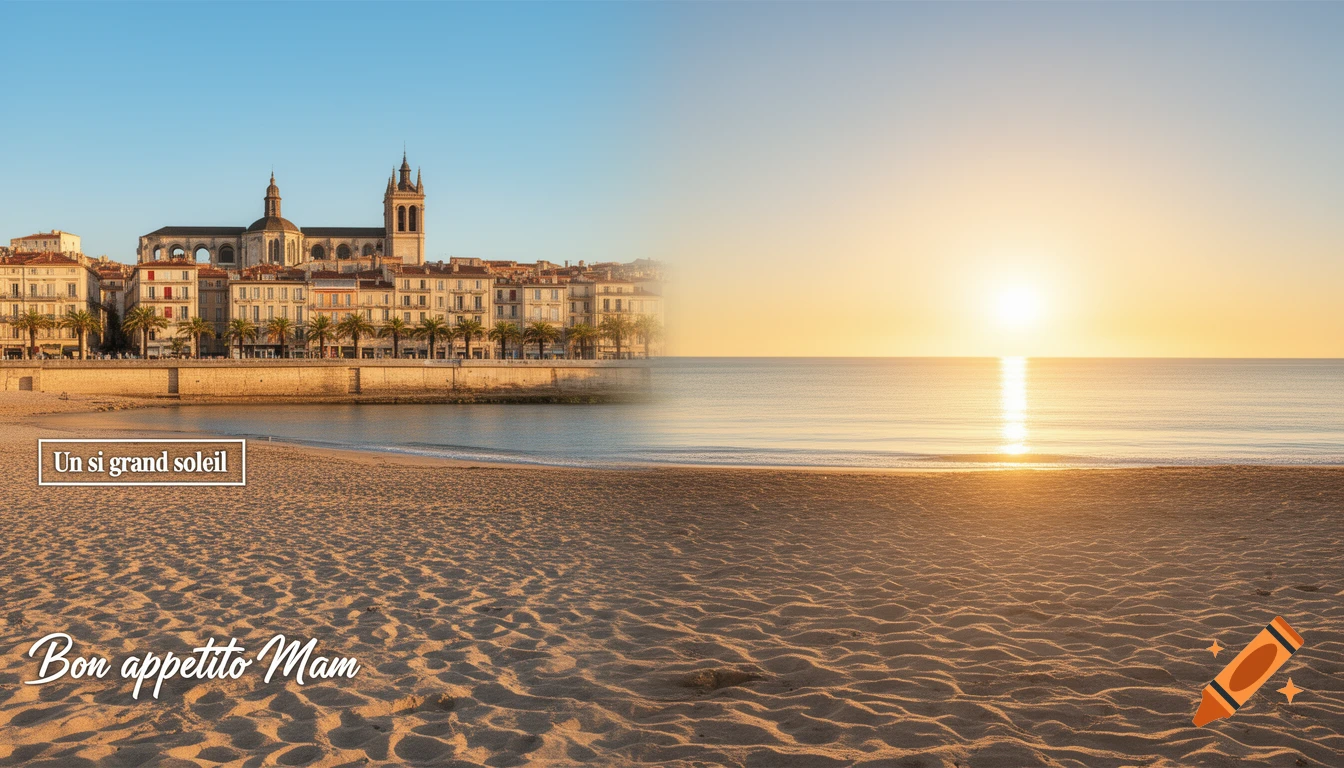A merging image of a bright cityscape with "Un si grand soleil" text and a serene beach with "Bon appetito Mam" text at sunrise.