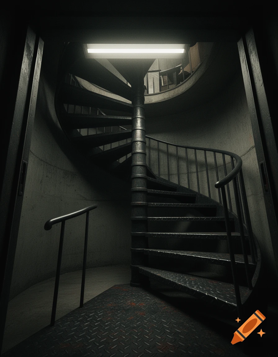 A dark, gritty, metal spiral staircase with a tubular handrail, illuminated by a single fluorescent light from above, in an industrial stairwell.