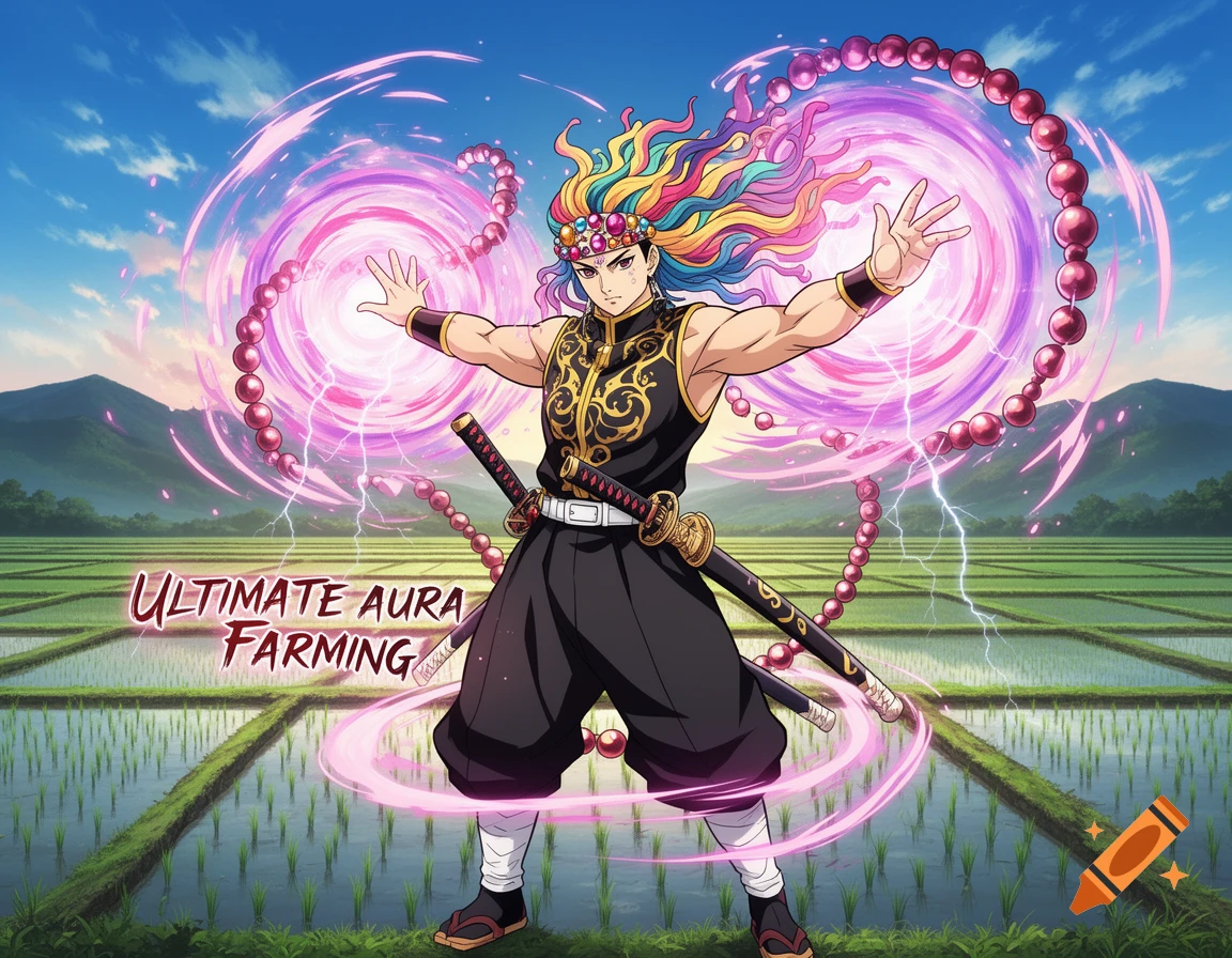 An anime character, Tengen Uzui from Demon Slayer, with colorful flowing hair, ornate black and gold clothing, and dual katanas stands in a rice field, emitting purple energy and beads from his hands, with text "ULTIMATE AURA FARMING".