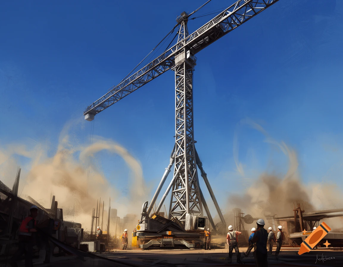 A massive construction crane dominates a dusty building site, with several workers below under a bright blue sky, in a digital painting style.