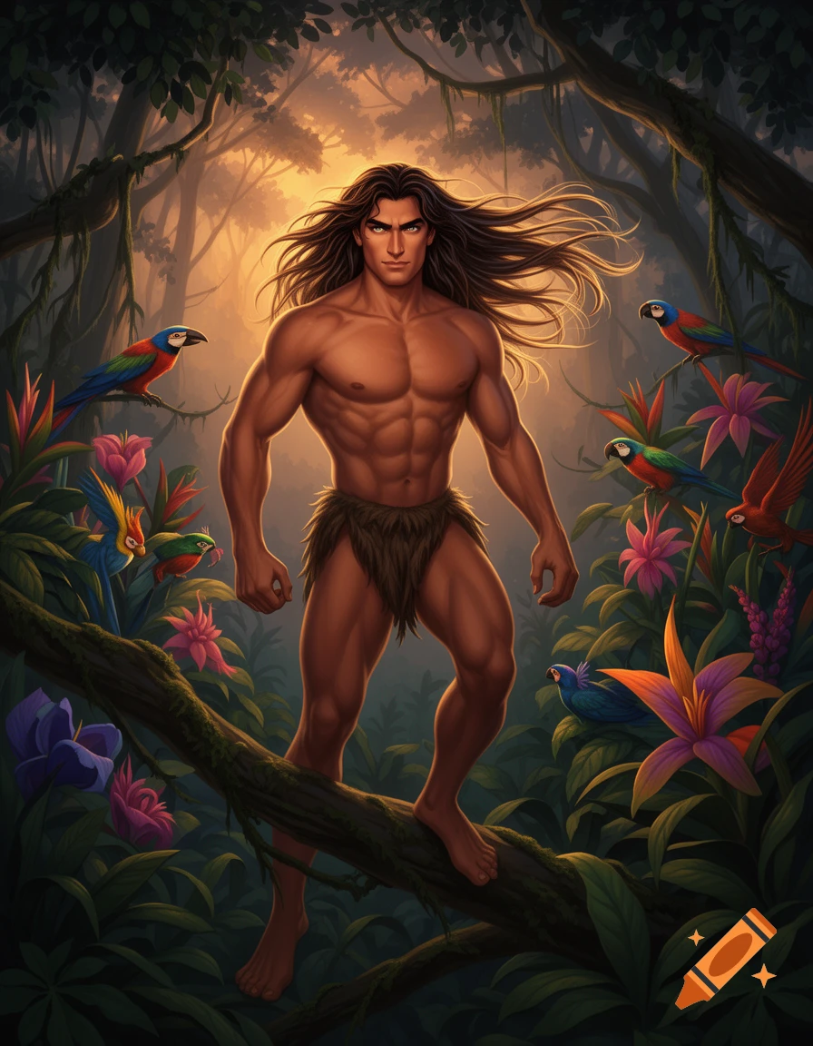 A muscular, long-haired man resembling Tarzan stands barefoot on a tree branch in a vibrant jungle, surrounded by colorful birds and exotic flowers.