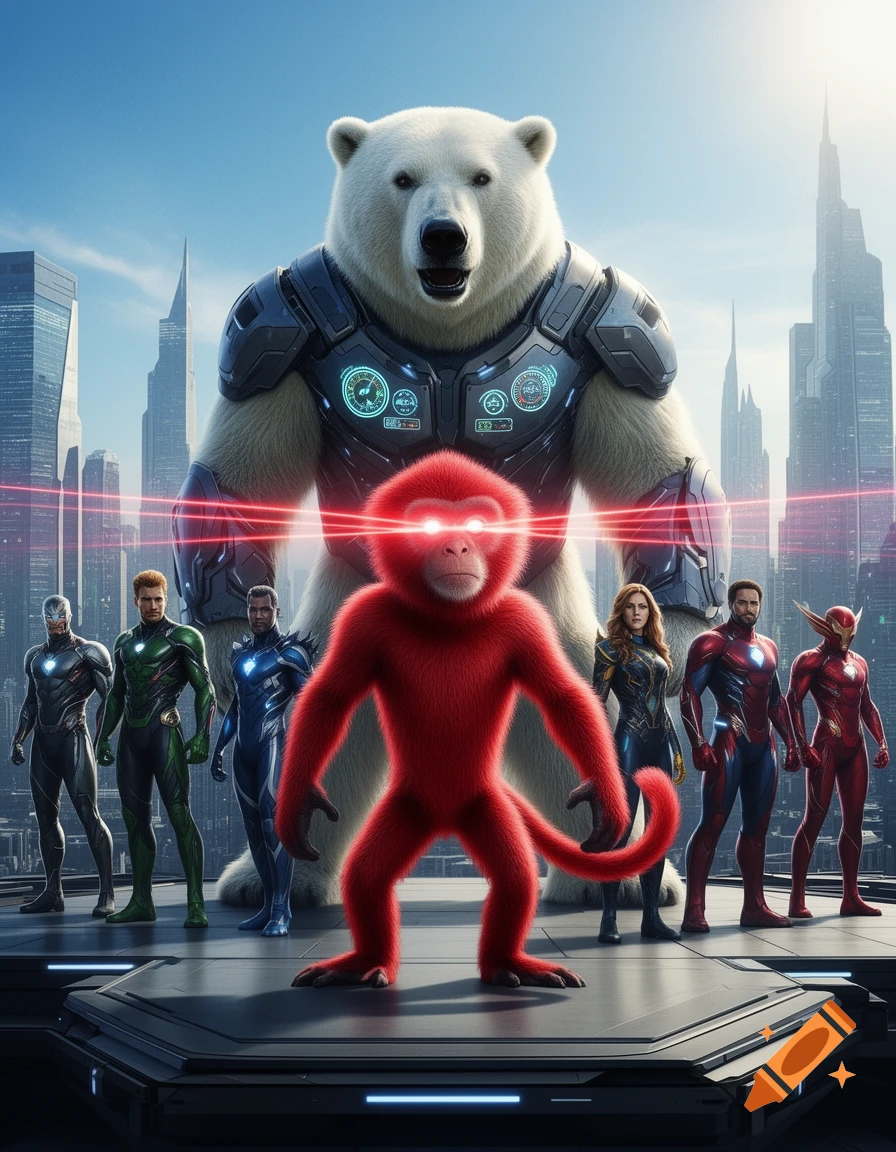 A red monkey with laser eyes stands on a platform with an armored polar bear and six human superheroes in a futuristic city.
