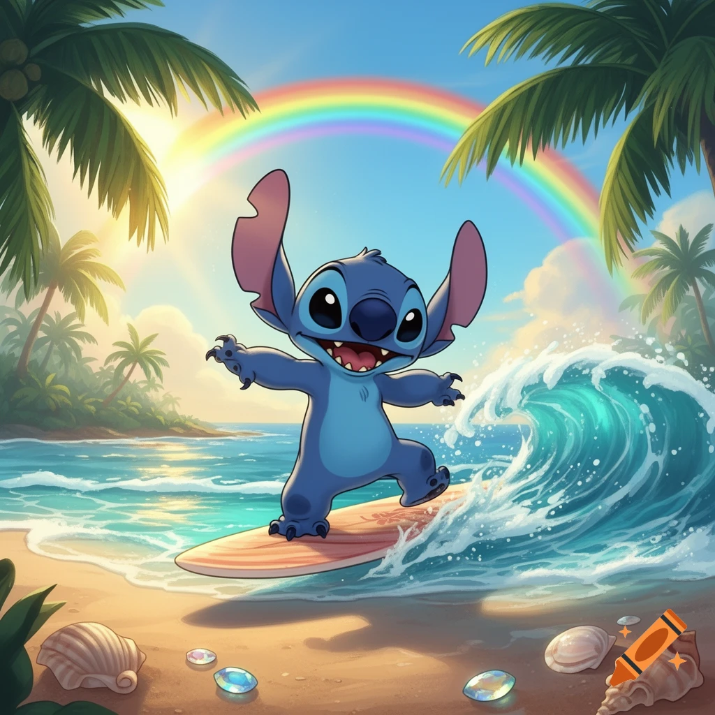Cartoon Stitch surfs a wave on a sunny tropical beach with palm trees and a rainbow in the sky.