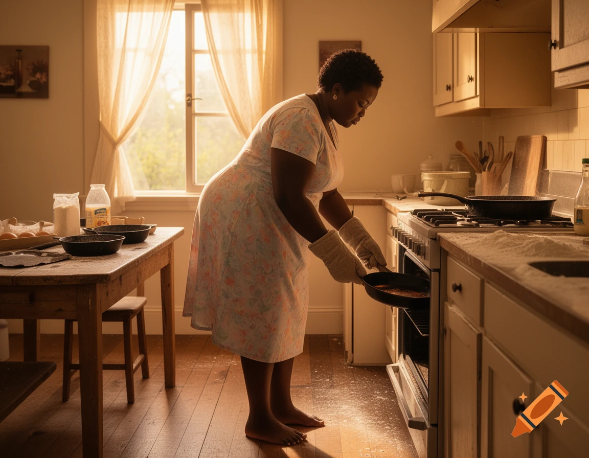 A full-figured Black woman in a floral dress and oven mitts removes a hot pan from an oven in a sunlit kitchen.
