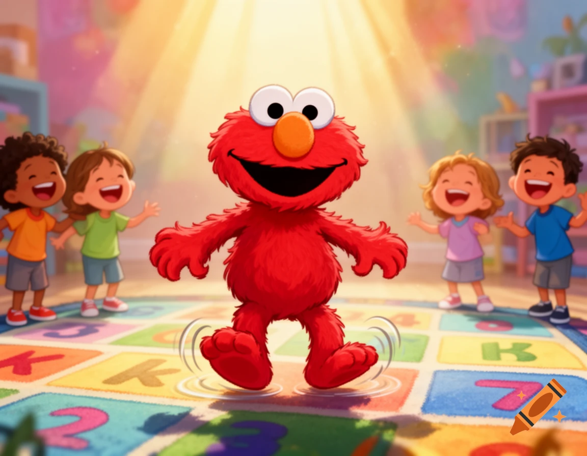 Elmo dances on a colorful alphabet and number mat with four laughing children in a sunny classroom.