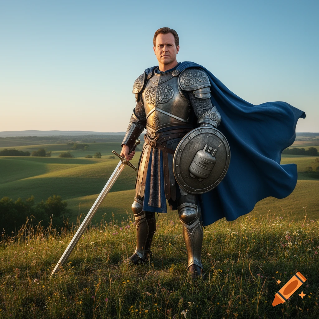 A man resembling Hank Hill wears intricate silver armor, a blue cape, and holds a sword and a shield with a propane tank, standing in a green field.