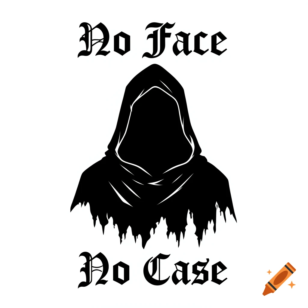 A stark black and white minimalist gothic design featuring a faceless figure shrouded in a tattered hood. Above, text reads "No Face"; below, "No Case".