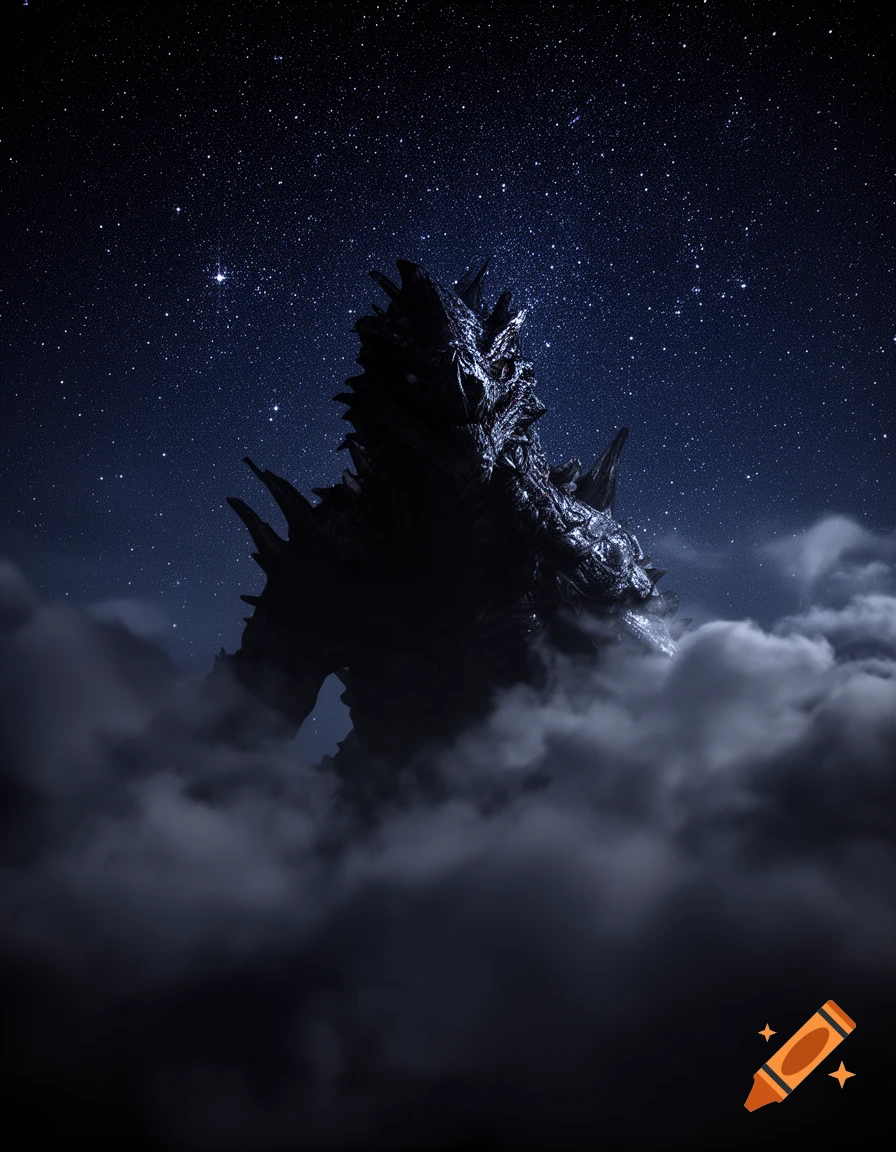 A dark, spiky monster with reptilian features emerges from swirling clouds under a vast, starry night sky.