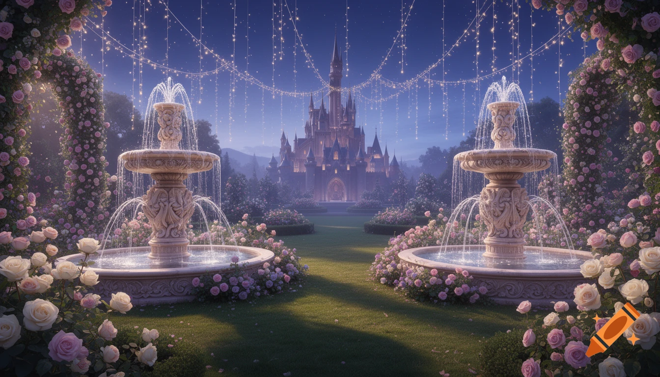 A dreamy royal garden at night with two ornate fountains, lush pink and white roses, sparkling string lights, and a grand, illuminated castle in the distance.