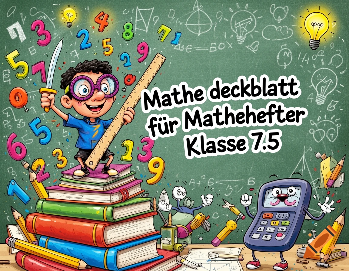 Cartoon boy on books, holding a ruler and sword, surrounded by colorful numbers and math symbols on a blackboard, with text 'Mathe deckblatt f r Mathehefter Klasse 7.5'.