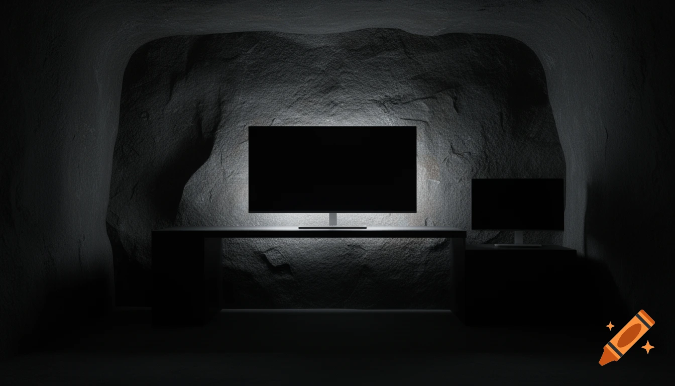 A large and a small blank computer monitor on a desk, bathed in light against a dark, textured cave wall.