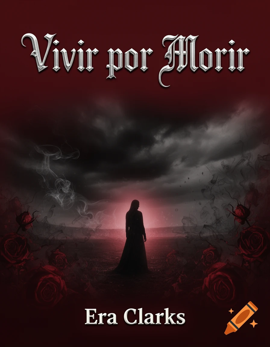 Gothic book cover for 'Vivir por Morir' by Era Clarks, featuring a woman's silhouette in a dark, rose-filled landscape.