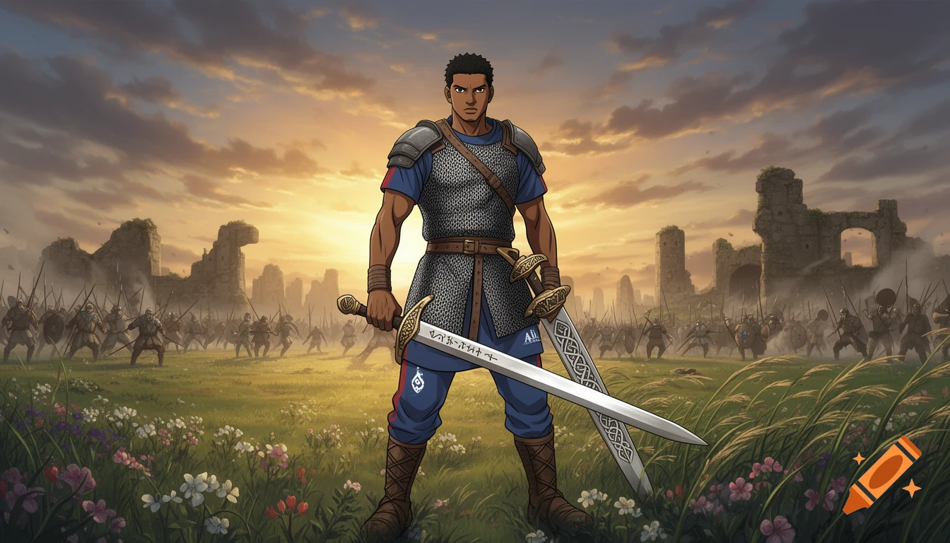 An anime-style male warrior, resembling Jeremy Doku, stands in a field of flowers and tall grass, holding two swords. Behind him, an army charges forward against a backdrop of ruins and a sunset sky.