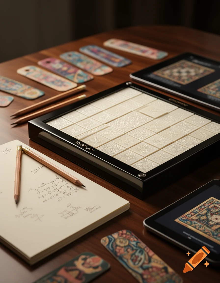 A wooden table displays a "Murdoku" board game, two pencils, a notebook with illegible handwriting, and a tablet showing a patterned image.