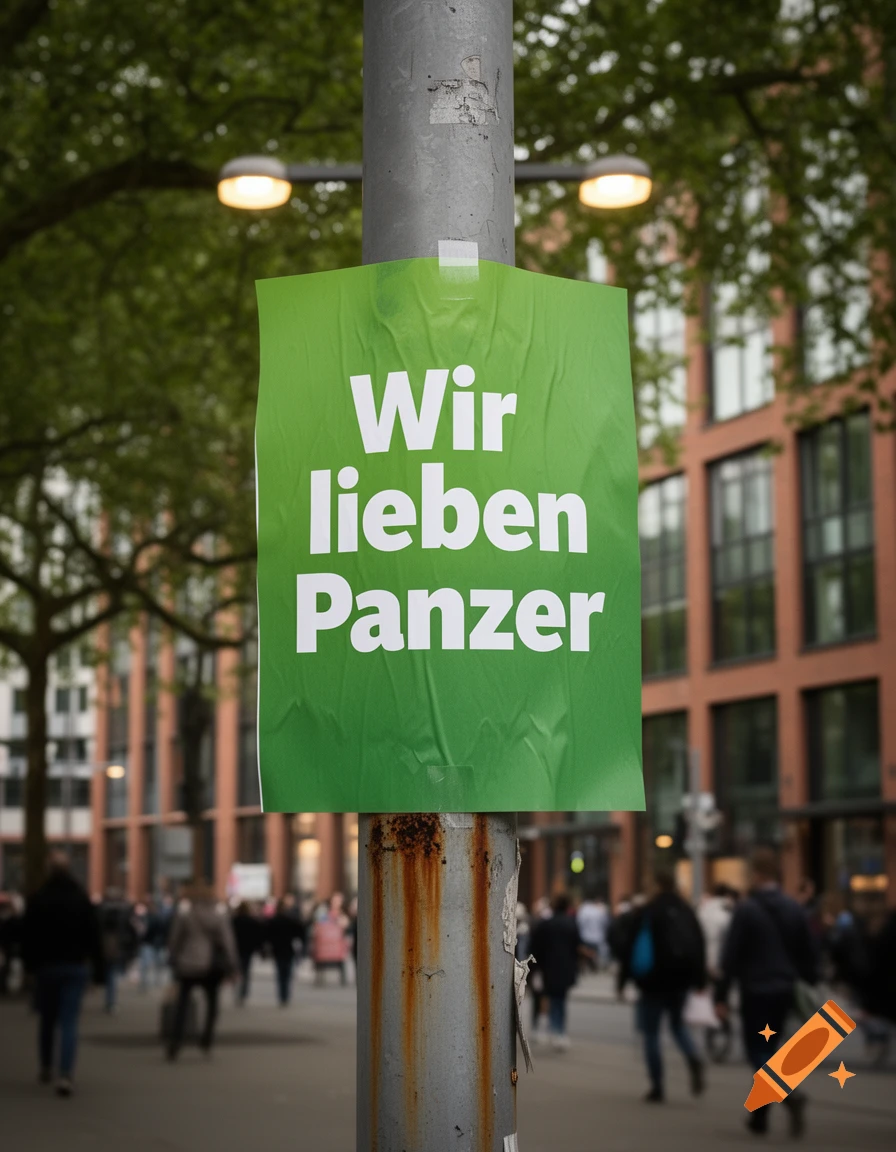 Green poster on a rusty metal pole in a busy street reads 'Wir lieben Panzer' (We love tanks). Photorealistic.