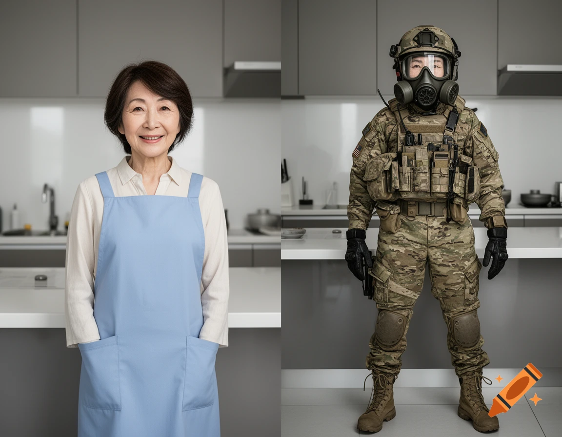 Split image of an older Asian woman in a light blue apron in a kitchen, and the same woman in full military tactical gear and a gas mask in the same kitchen.