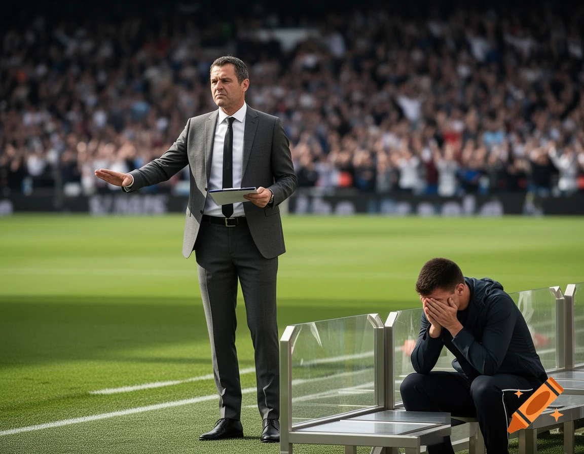 A football manager in a suit stands on the sideline, gesturing, while a player in a track suit sits on the bench with his face in his hands, looking upset. A stadium crowd is blurred in the background.