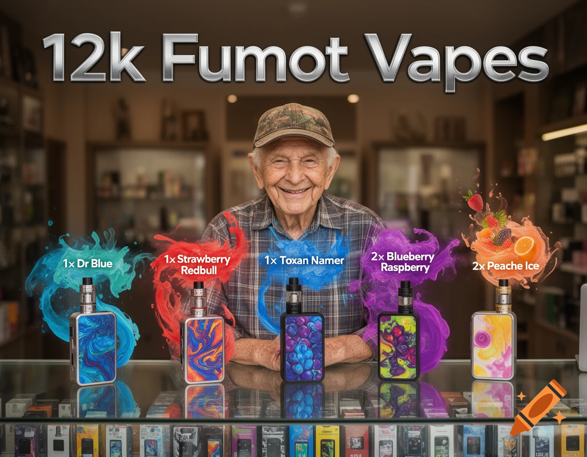 An elderly man smiles from behind a counter displaying five colorful vape devices with flavor labels like "Dr Blue" and "Strawberry Redbull" and "12k Fumot Vapes" above.