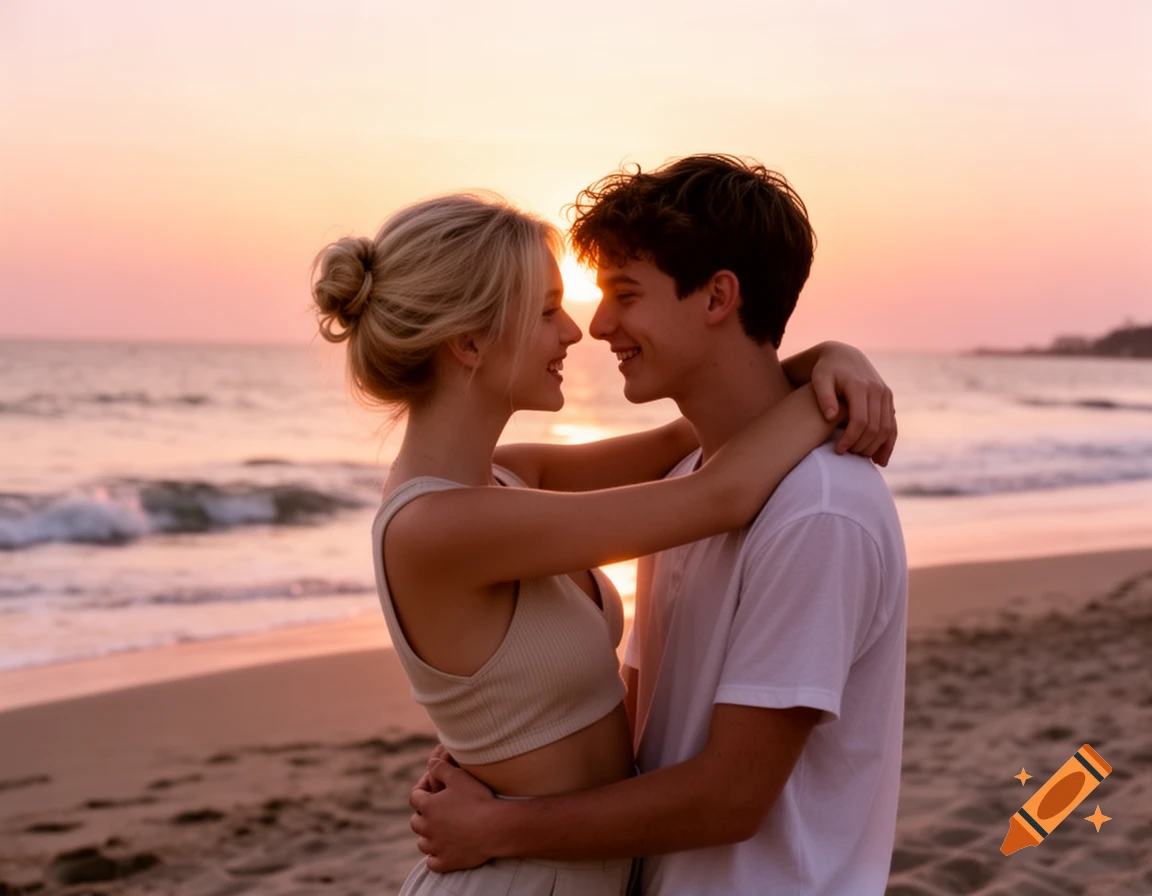 A young couple embraces on a sandy beach, smiling at each other during a vibrant sunset over the ocean.
