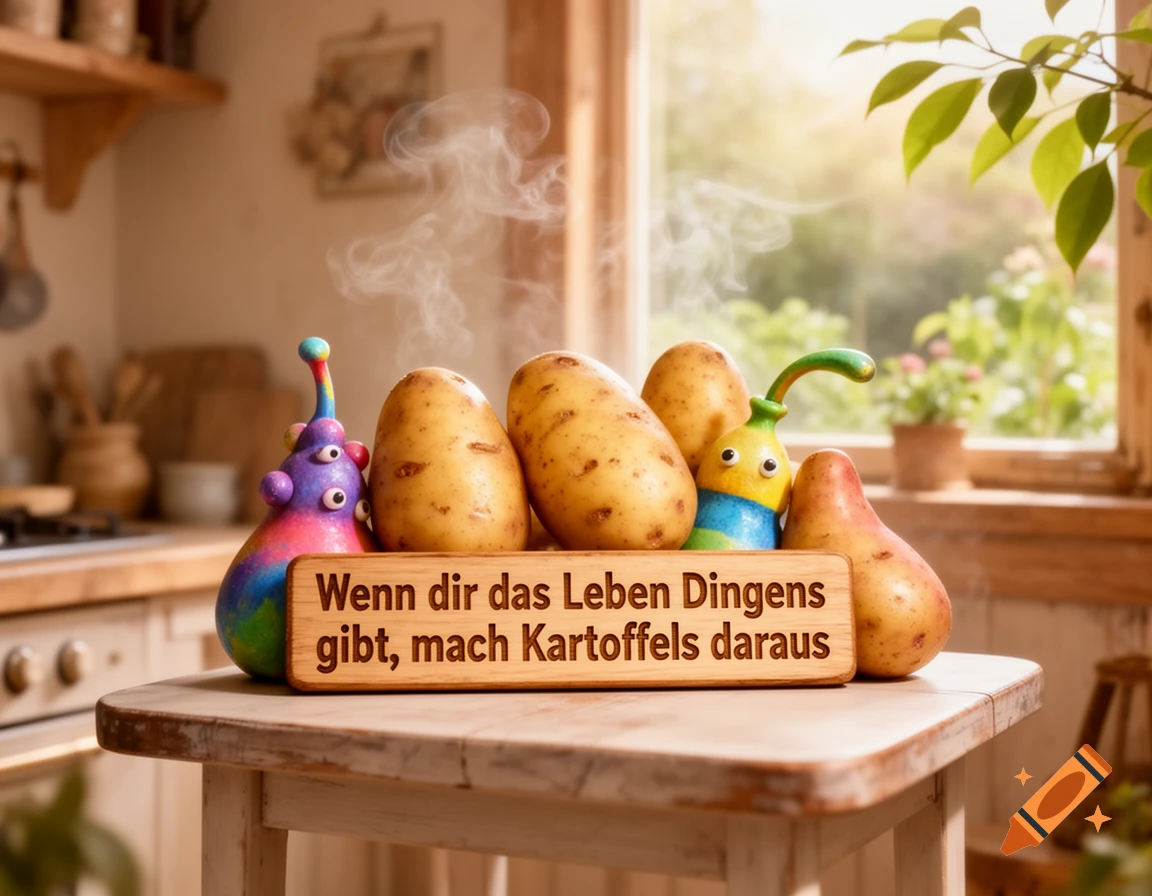 Three potatoes and two colorful, googly-eyed potato creatures stand on a rustic table with a wooden sign in a sunny kitchen.