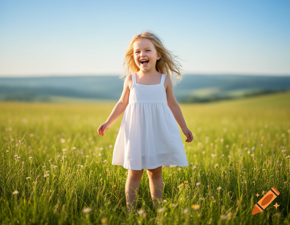 A happy young girl in a white dress stands laughing in a sunny green field with wildflowers under a blue sky.