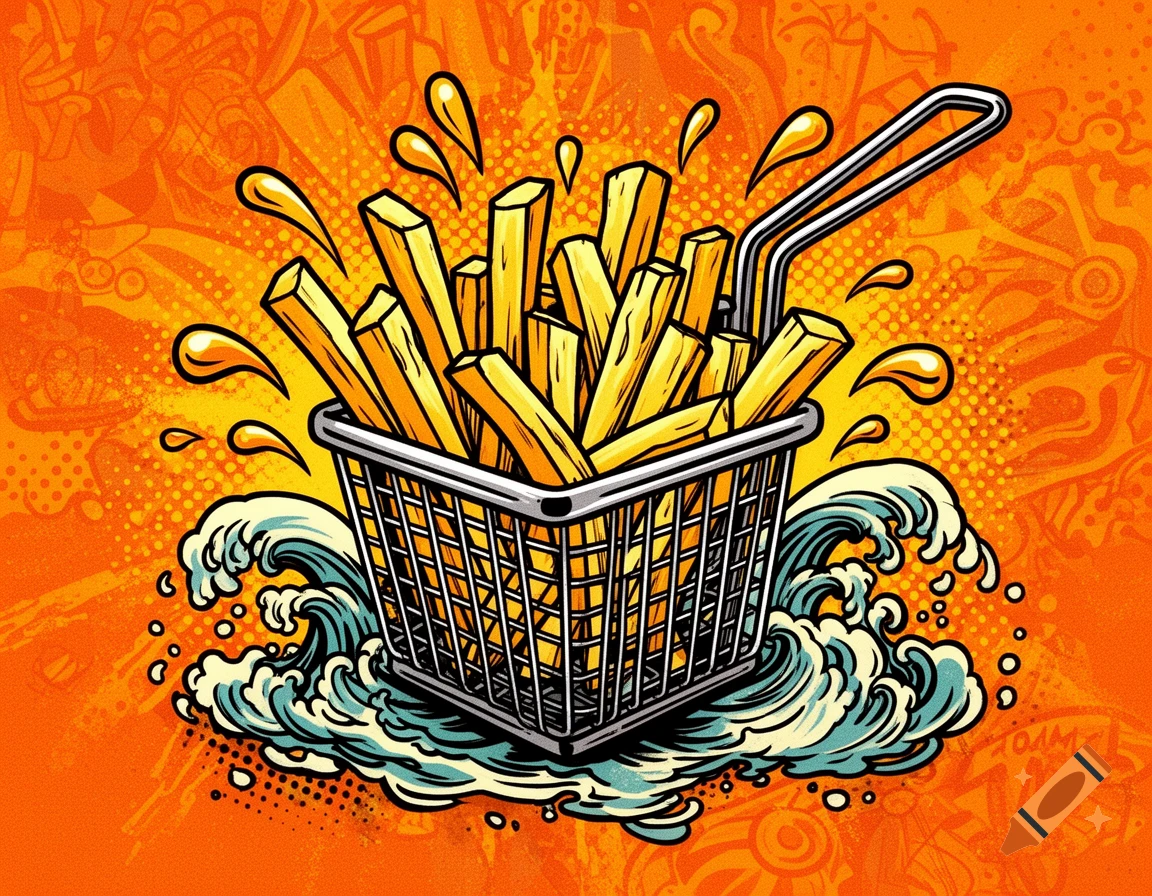 Pop art illustration of a metal fryer basket filled with golden French fries, with stylized grease splatters and waves, on a vibrant orange background with abstract graffiti patterns.