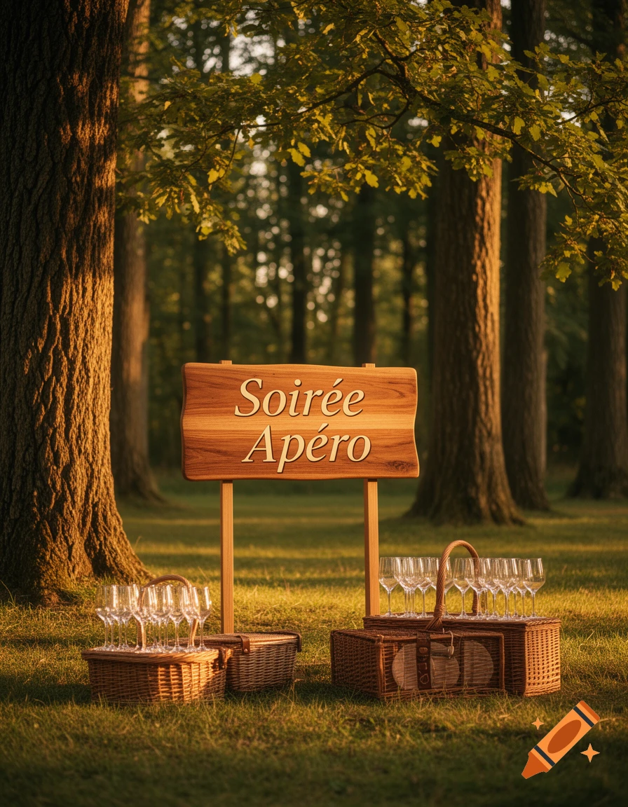 A wooden sign displaying "Soirée Apéro" stands in a sunlit forest clearing, flanked by picnic baskets with wine glasses.
